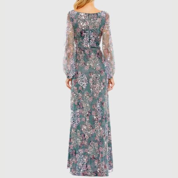 Mac‎ Duggal 93750 Size 10 Blue Grey Pink Floral Long Sleeve Gown Maxi Dress - Picture 4 of 4